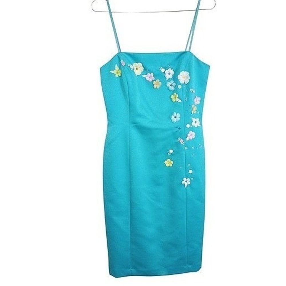Maggy London Vintage Teal Satin 3D Floral Beaded Cocktail Sheath Dress Sz 8 - Picture 2 of 11